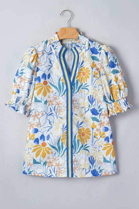 Floral Print Striped Trim V Neck Puff Sleeve Blouse