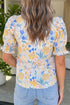 Floral Print Striped Trim V Neck Puff Sleeve Blouse