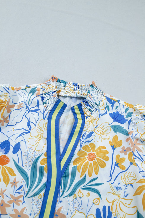 Floral Print Striped Trim V Neck Puff Sleeve Blouse