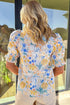 Floral Print Striped Trim V Neck Puff Sleeve Blouse