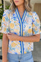 Floral Print Striped Trim V Neck Puff Sleeve Blouse