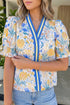 Floral Print Striped Trim V Neck Puff Sleeve Blouse