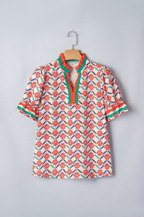 Floral Print Striped V Neck Ruffled Short Sleeve Blouse