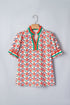 Floral Print Striped V Neck Ruffled Short Sleeve Blouse
