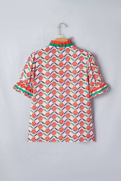 Floral Print Striped V Neck Ruffled Short Sleeve Blouse