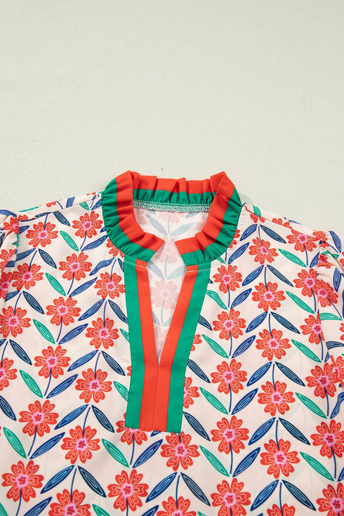 Floral Print Striped V Neck Ruffled Short Sleeve Blouse