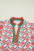 Floral Print Striped V Neck Ruffled Short Sleeve Blouse