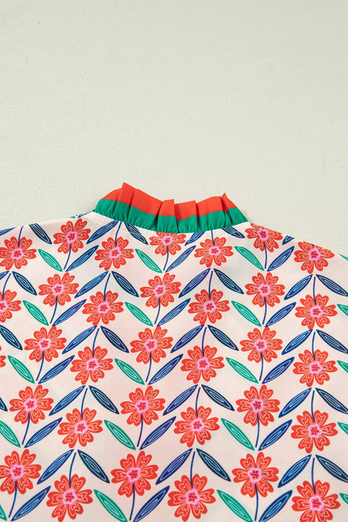 Floral Print Striped V Neck Ruffled Short Sleeve Blouse
