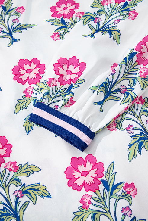 Floral Print Striped V Neck Short Sleeve Blouse