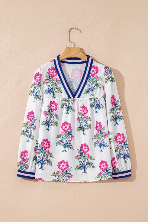 Floral Print Striped V Neck Short Sleeve Blouse