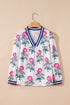 Floral Print Striped V Neck Short Sleeve Blouse
