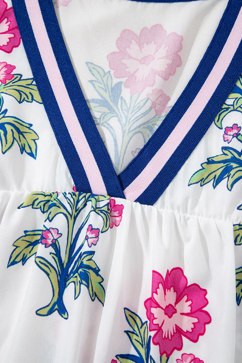 Floral Print Striped V Neck Short Sleeve Blouse