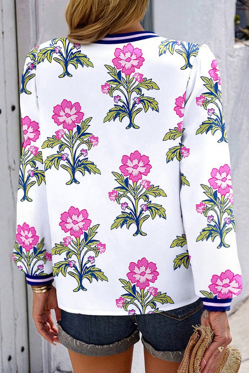 Floral Print Striped V Neck Short Sleeve Blouse