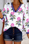 Floral Print Striped V Neck Short Sleeve Blouse