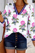 Floral Print Striped V Neck Short Sleeve Blouse