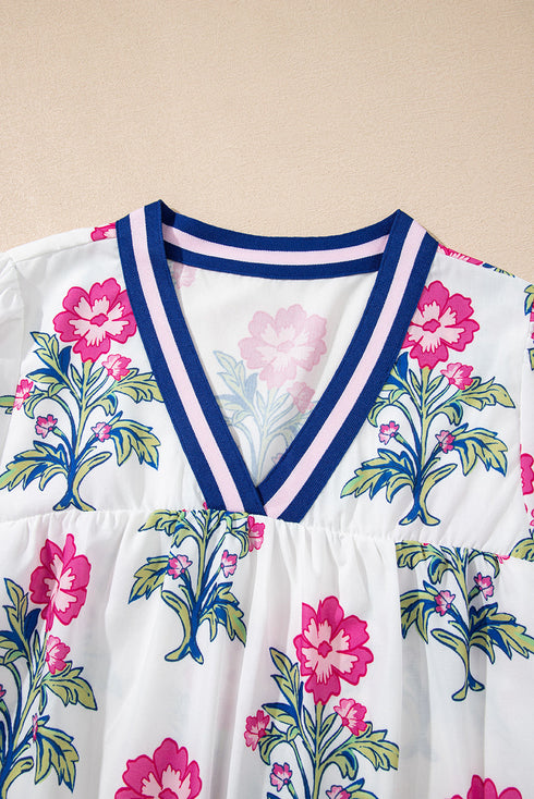 Floral Print Striped V Neck Short Sleeve Blouse