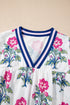 Floral Print Striped V Neck Short Sleeve Blouse