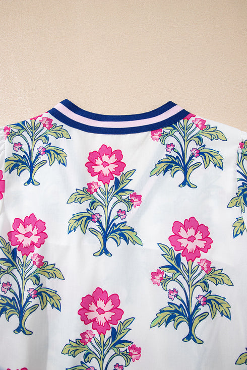 Floral Print Striped V Neck Short Sleeve Blouse