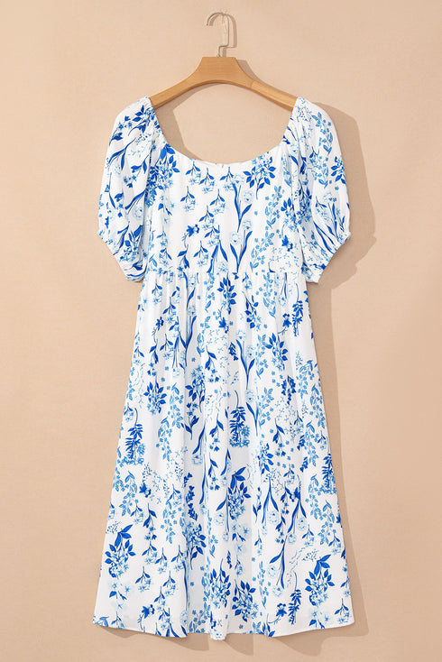 Floral Print Sweetheart Neck A Line Plus Size Midi Dress