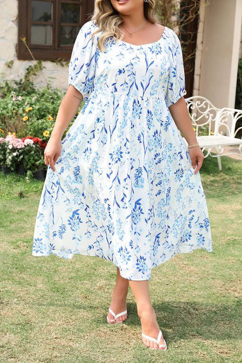 Floral Print Sweetheart Neck A Line Plus Size Midi Dress