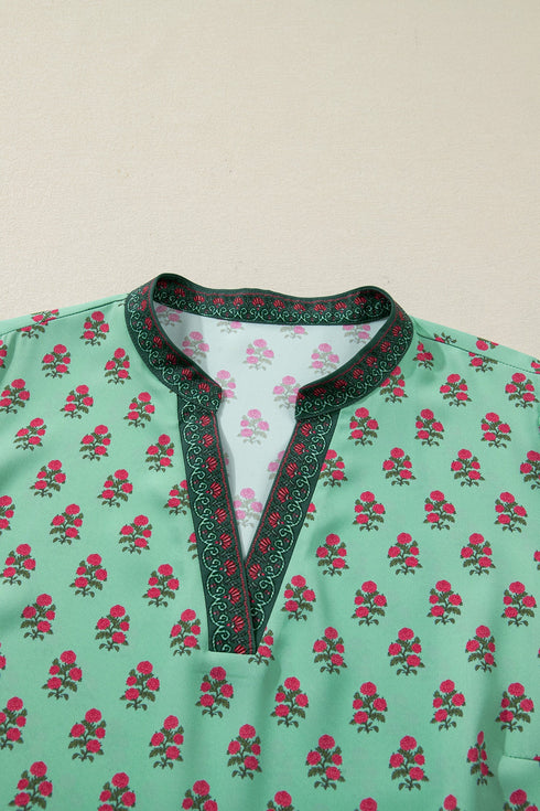 Floral Print Tailored Trim V Neck Bracelet Sleeve Blouse