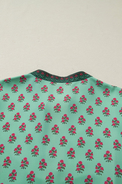 Floral Print Tailored Trim V Neck Bracelet Sleeve Blouse