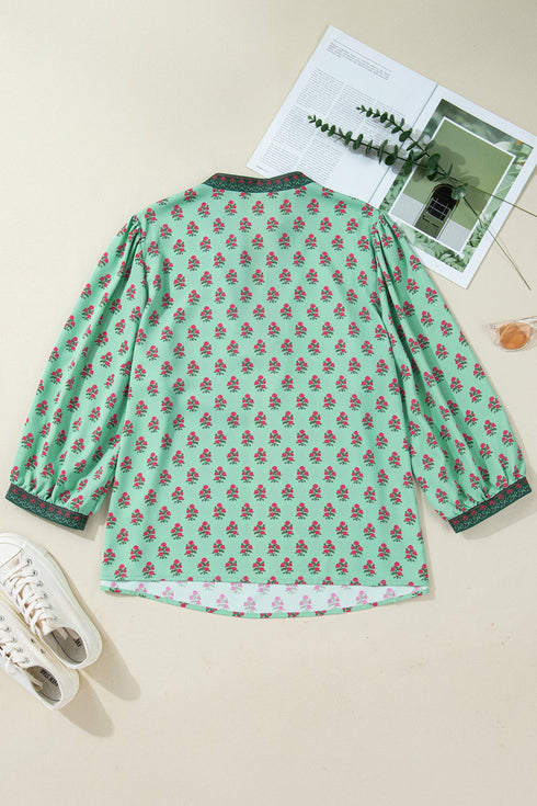 Floral Print Tailored Trim V Neck Bracelet Sleeve Blouse