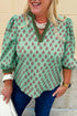 Floral Print Tailored Trim V Neck Bracelet Sleeve Blouse