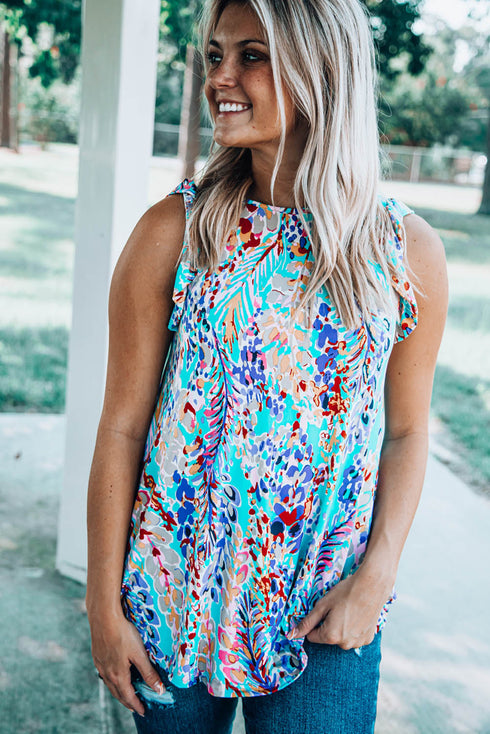 Floral Print Tank Top With Ruffles