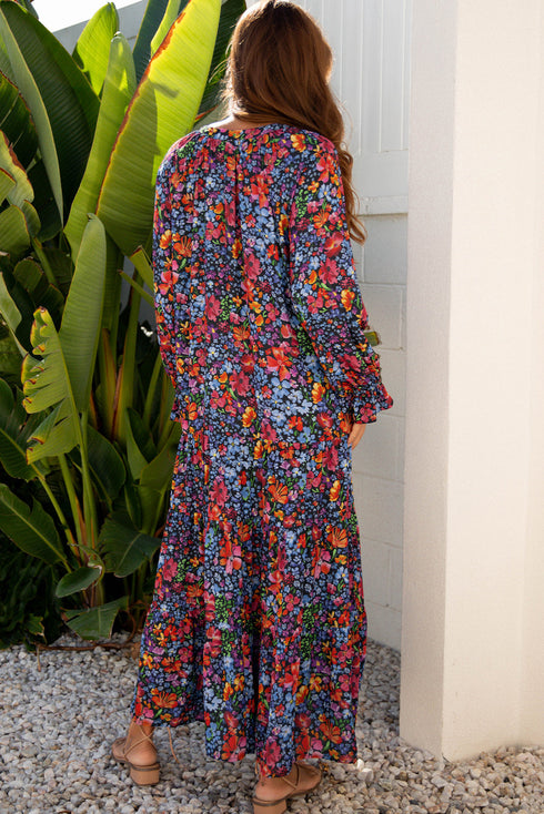 Floral Print Tassel Tie Flowy A Line Maxi Dress