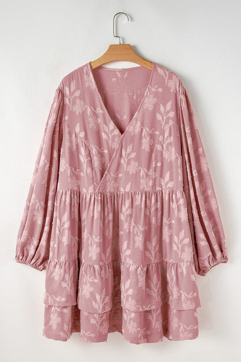 Floral Print Textured Applique Tiered Ruffled Surplice Dress