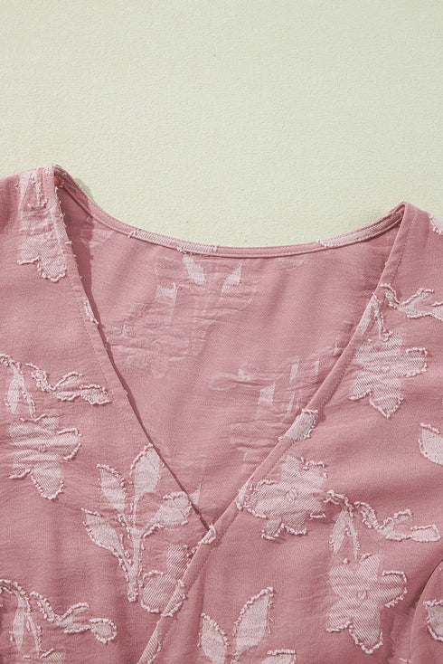 Floral Print Textured Applique Tiered Ruffled Surplice Dress