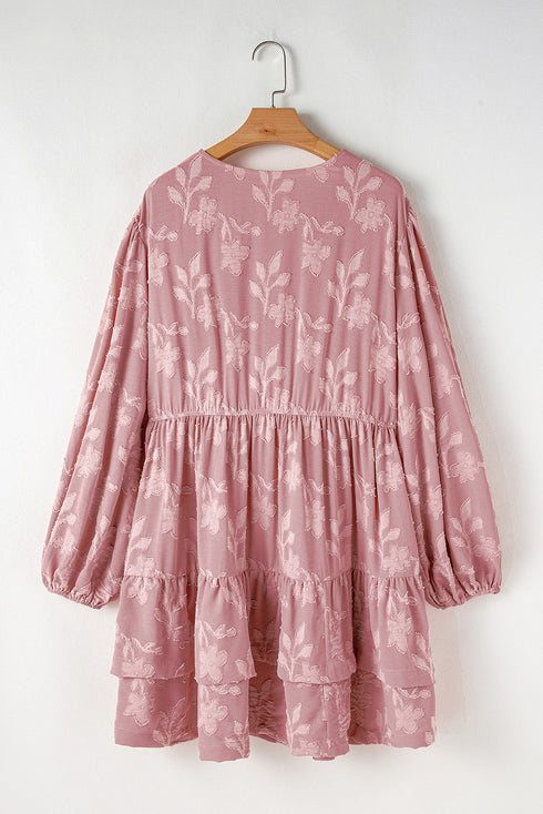 Floral Print Textured Applique Tiered Ruffled Surplice Dress