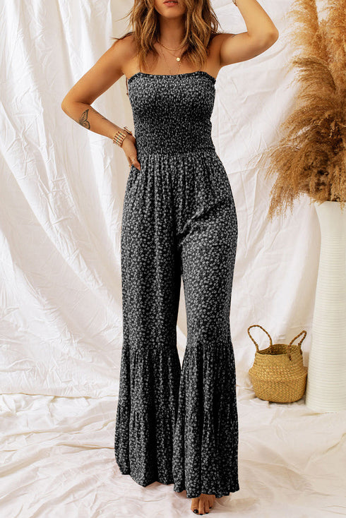 Floral Print Thin Strap Smocked Bodice Wide Leg Jumpsuit