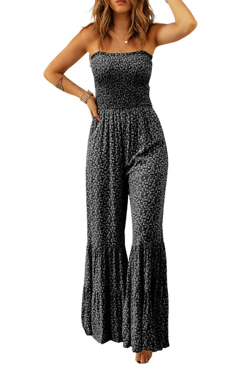 Floral Print Thin Strap Smocked Bodice Wide Leg Jumpsuit