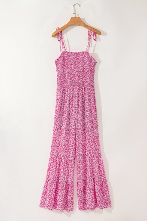Floral Print Thin Strap Smocked Bodice Wide Leg Jumpsuit