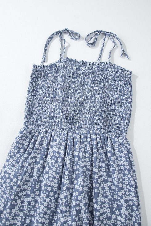 Floral Print Thin Strap Smocked Bodice Wide Leg Jumpsuit