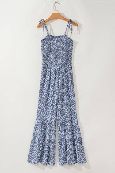Floral Print Thin Strap Smocked Bodice Wide Leg Jumpsuit