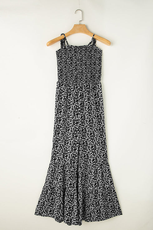 Floral Print Thin Strap Smocked Bodice Wide Leg Jumpsuit