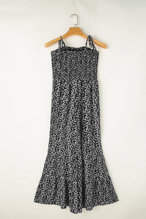 Floral Print Thin Strap Smocked Bodice Wide Leg Jumpsuit