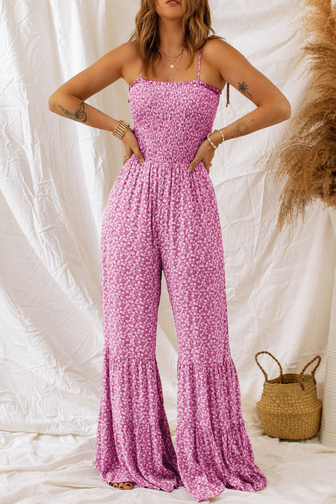 Floral Print Thin Strap Smocked Bodice Wide Leg Jumpsuit