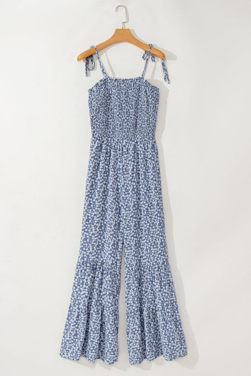 Floral Print Thin Strap Smocked Bodice Wide Leg Jumpsuit
