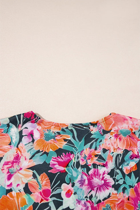 Floral Print Three Quarter Flare Sleeve Tie Neck Blouse