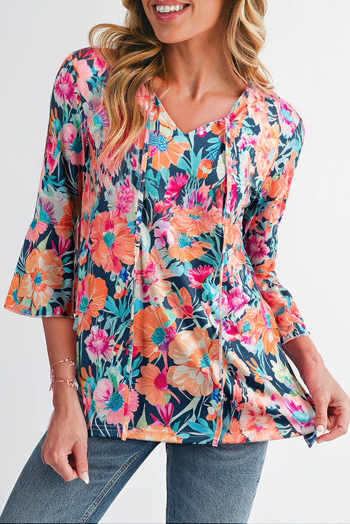Floral Print Three Quarter Flare Sleeve Tie Neck Blouse