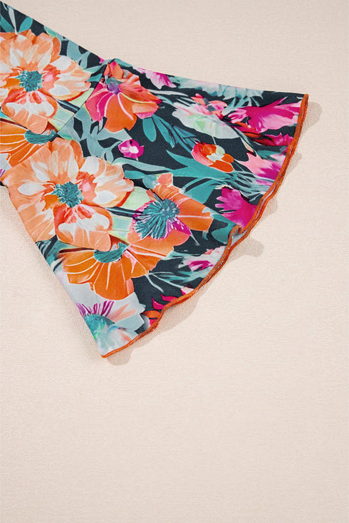 Floral Print Three Quarter Flare Sleeve Tie Neck Blouse