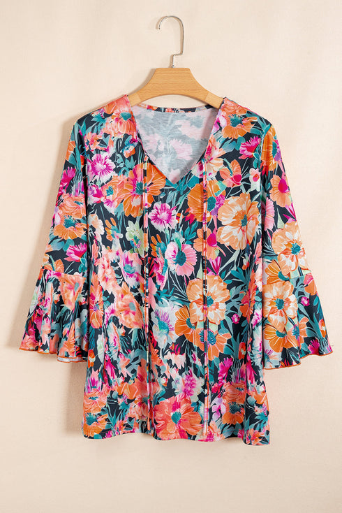 Floral Print Three Quarter Flare Sleeve Tie Neck Blouse