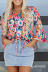 Floral Print Three Quarter Flare Sleeve Tie Neck Blouse