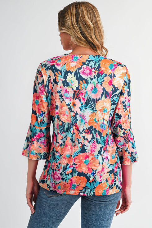 Floral Print Three Quarter Flare Sleeve Tie Neck Blouse