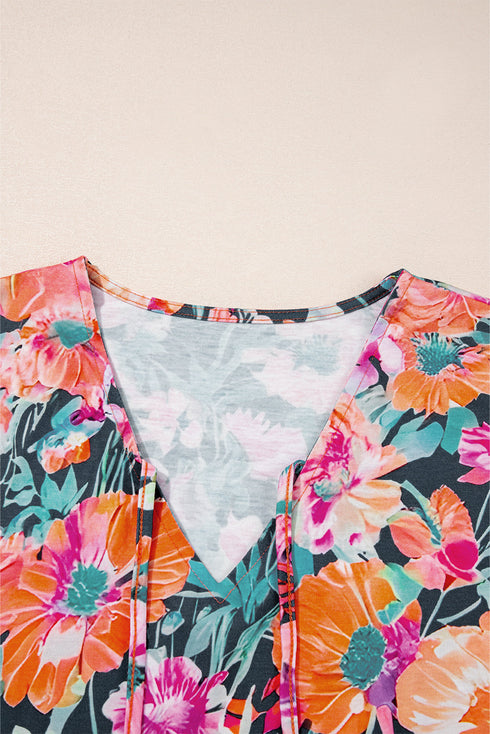 Floral Print Three Quarter Flare Sleeve Tie Neck Blouse