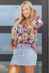 Floral Print Three Quarter Flare Sleeve Tie Neck Blouse